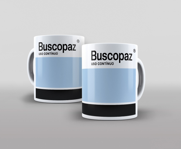 Imagem: Duas canecas escrito: Busco paz. Formato de remédio com a prescrição de uso imediato. 